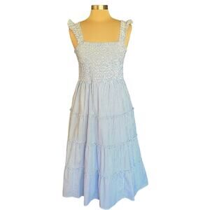 J Crew Blue White Stripe Smocked Tiered Midi Dress Size M Coastal Sundress Beach